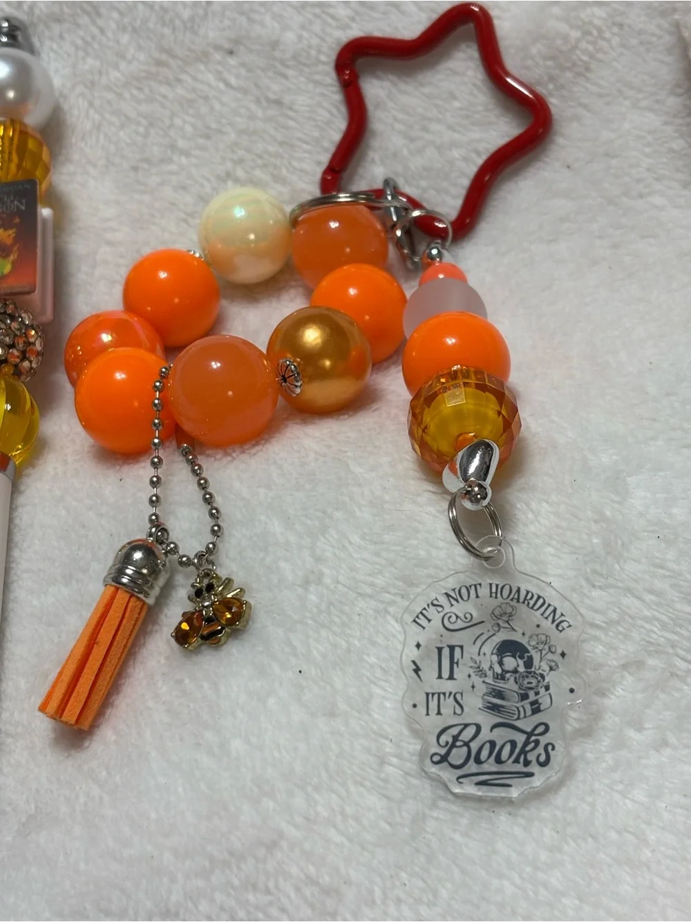 Handmade Orange Bead Keychain Bracelet, Pen, Bookmark, Charm Bundle